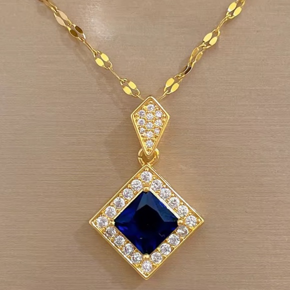 Anthropologie Jewelry - Anthropologie Vintage Square Gold and Blue Pendant Necklace